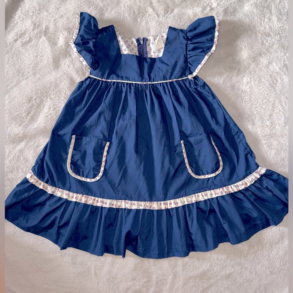 VTG Reeds World Navy Blue Ruffled Dress with Floral Trim Size 3